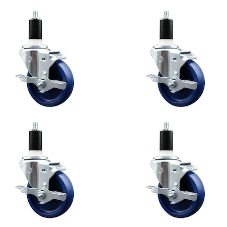 Service Caster 4'' Solid Poly Swivel 1-3/8'' Expanding Stem Caster Set with Brake, 4PK SCC-EX20S414-SPUS-TLB-138-4